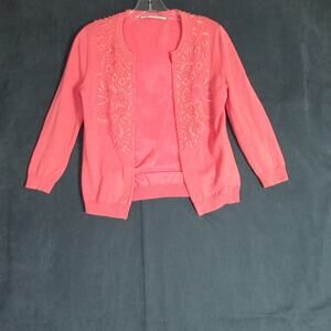 Trina Turk Cardigan Sweater Womens Small Coral Beaded Floral Knit Preppy Church